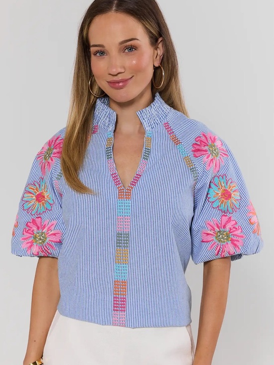 THML Tops - NWT THML Blue Floral Striped Embroidered Top - size extra small